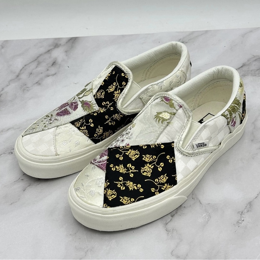 Vans Classic Slip On Shoes Womens Size 6.5 Retro Floral Patchwork White Brocade - Picture 3 of 14
